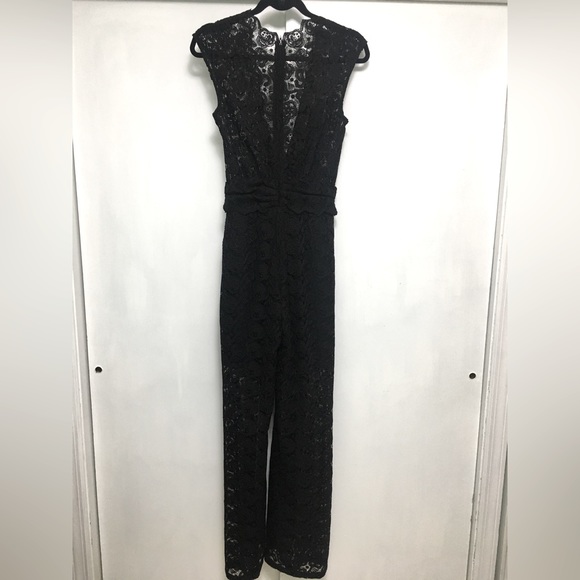 H&M Black Lace Jumpsuit Sheer (lined shorts) plunging neckline so sexy size 4 - Picture 2 of 13